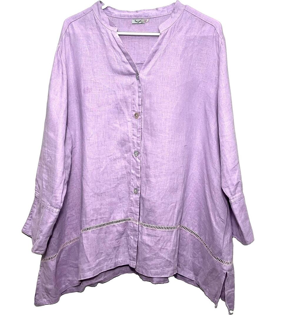 Purple Linen 3/4 Sleeve Tunic Top Large Coastal Relaxed Casual Lagenlook Career